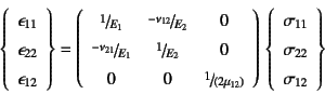 \begin{displaymath}
\left\{\begin{array}{c} \epsilon_{11}  \epsilon_{22} \\
...
...igma_{11}  \sigma_{22} \\
\sigma_{12}
\end{array}\right\}
\end{displaymath}