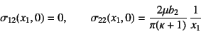 \begin{displaymath}
\sigma_{12}(x_1,0)=0, \qquad
\sigma_{22}(x_1,0)=\dfrac{2\mu b_2}{\pi(\kappa+1)} \dfrac{1}{x_1}
\end{displaymath}