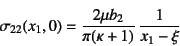 \begin{displaymath}
\sigma_{22}(x_1,0)=\dfrac{2\mu b_2}{\pi(\kappa+1)} \dfrac{1}{x_1-\xi}
\end{displaymath}