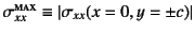 $\sigma_{xx}\supersc{max}\equiv\left\vert\sigma_{xx}(x=0, y=\pm c)\right\vert$