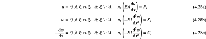 \begin{manyeqns}
u=\mbox{^}  &\mbox{邢}&\quad
n_i \left(EA\D*...
...  &\mbox{邢}&\quad
n_i \left(-EI\D*[2]{w}{x}\right)=C_i
\end{manyeqns}