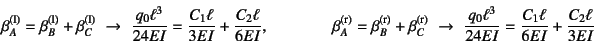 \begin{displaymath}
\beta_A\super{(l)} = \beta_B\super{(l)}+\beta_C\super{(l)} \...
...rac{q_0\ell^3}{24EI}=\dfrac{C_1\ell}{6EI}+\dfrac{C_2\ell}{3EI}
\end{displaymath}