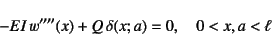 \begin{displaymath}
-EI w''''(x)+Q \delta(x;a)=0, \quad 0<x,a<\ell
\end{displaymath}