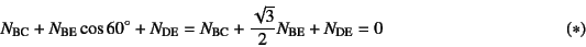 \begin{displaymath}
N_{\mbox{\scriptsize BC}} + N_{\mbox{\scriptsize BE}} \cos 6...
...ox{\scriptsize BE}}
+ N_{\mbox{\scriptsize DE}} =0
\eqno{(*)}
\end{displaymath}