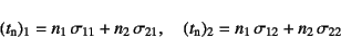 \begin{displaymath}
(t\sub{n})_1=n_1 \sigma_{11}+n_2 \sigma_{21}, \quad
(t\sub{n})_2=n_1 \sigma_{12}+n_2 \sigma_{22}
\end{displaymath}