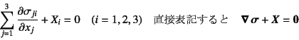 \begin{displaymath}
\sum_{j=1}^3 \D{\sigma_{ji}}{x_j} + X_i = 0 \quad (i=1,2,3)\...
...ǏTCCC\quad \fat{\nabla} \fat{\sigma}+\fat{X}=\fat{0}
\end{displaymath}