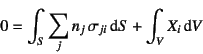 \begin{displaymath}
0= \int_S \sum_j n_j \sigma_{ji} \dint S + \int_V X_i\dint V
\end{displaymath}