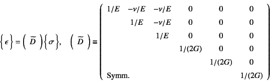 \begin{displaymath}
\vect{\epsilon}
=\mat{\widetilde{D}} \vect{\sigma}, \quad
...
...
\multicolumn{5}{l}{\mbox{Symm.}} & 1/(2G)
\end{array}\right)
\end{displaymath}