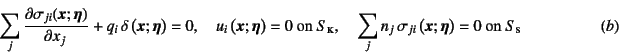 \begin{displaymath}
\sum_j \D{\sigma_{ji}(\fat{x};\fat{\eta})}{x_j} +
q_i \del...
...fat{x};\fat{\eta}\right)=0
\mbox{ on $S\subsc{s}$}
\eqno{(b)}
\end{displaymath}