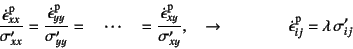 \begin{displaymath}
\dfrac{\dot\epsilon\super{p}_{xx}}{\sigma'_{xx}}=
\dfrac{\do...
...qquad\qquad
\dot\epsilon\super{p}_{ij} = \lambda \sigma'_{ij}
\end{displaymath}