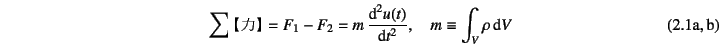 \begin{twoeqns}
\EQab \sum\mbox{ýz} =
F_1-F_2=m \D*[2]{u(t)}{t}, \quad
\EQab m\equiv \int_V \rho \dint V
\end{twoeqns}