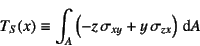 \begin{displaymath}
T_S(x)\equiv
\int_A \left(-z \sigma_{xy}+y \sigma_{zx}\right)\dint A
\index{=ts@$T_S$}%
\end{displaymath}