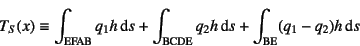 \begin{displaymath}
T_S(x)\equiv\int\sub{EFAB}q_1 h\dint s+\int\sub{BCDE}q_2 h\dint s
+ \int\sub{BE} (q_1-q_2)h\dint s
\end{displaymath}