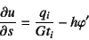 \begin{displaymath}
\D{u}{s}=\dfrac{q_i}{Gt_i}-h\varphi'
\end{displaymath}