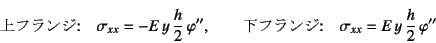 \begin{displaymath}
\mbox{tW:} \quad \sigma_{xx}=-E y \dfrac{h}{2} \v...
...x{tW:} \quad \sigma_{xx}=E y \dfrac{h}{2} \varphi''
\end{displaymath}