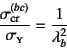 \begin{displaymath}
\dfrac{\sigma\sub{cr}^{(bc)}}{\sigma\subsc{y}}=\dfrac{1}{\lambda_b^2}
\end{displaymath}