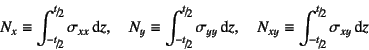 \begin{displaymath}
N_x\equiv\int_{\slfrac{-t}{2}}^{\slfrac{t}{2}} \sigma_{xx}\d...
...\equiv\int_{\slfrac{-t}{2}}^{\slfrac{t}{2}} \sigma_{xy}\dint z
\end{displaymath}