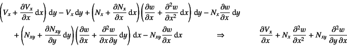 \begin{eqnarray*}
\lefteqn{\left(V_x+\D{V_x}{x}\dint x\right)\dint y-V_x\dint y
...
...uad\qquad
\D{V_x}{x}+N_x \D[2]{w}{x}+N_{xy} \D[2][1][x]{w}{y}
\end{eqnarray*}