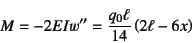 \begin{displaymath}
M=-2EIw''=\dfrac{q_0\ell}{14} \left(2\ell-6x\right)
\end{displaymath}