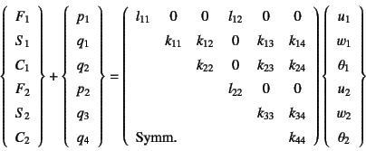 \begin{displaymath}
\left\{\begin{array}{c}F_1 S_1 C_1 F_2 S_2 C_2\end...
...1 w_1 \theta_1\\
u_2 w_2 \theta_2\end{array}\right\}
\end{displaymath}