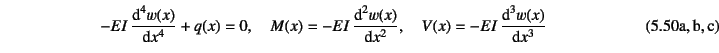 \begin{twoeqns}
\EQab -EI \D*[4]{w(x)}{x}+q(x)=0, \quad
\EQab M(x)=-EI \D*[2]{w(x)}{x},\quad
\EQab V(x)=-EI \D*[3]{w(x)}{x}
\end{twoeqns}