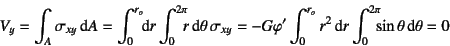 \begin{displaymath}
V_y=\int_A \sigma_{xy}\dint A=
\int_0^{r_o}\!\!\!\dint r \i...
...{r_o} r^2\dint r
\int_0^{2\pi}\!\!\! \sin\theta \dint\theta=0
\end{displaymath}