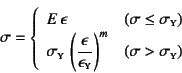 \begin{displaymath}
\sigma=\left\{\begin{array}{ll}
E \epsilon & (\sigma \leq ...
...y}}\right)^m &
(\sigma > \sigma\subsc{y})
\end{array}\right.
\end{displaymath}