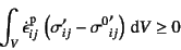 \begin{displaymath}
\int_V \dot{\epsilon}\super{p}_{ij} 
\left(\sigma'_{ij}-{\sigma^0}'_{ij}\right)\dint V \geq 0
\end{displaymath}