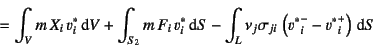 \begin{displaymath}
=\int_V m  X_i v^\ast_i\dint V+\int_{S_2} m  F_i v^\ast_...
...u_j \sigma_{ji} \left({v^\ast}^-_i-{v^\ast}^+_i\right)\dint S
\end{displaymath}