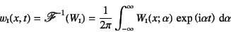 \begin{displaymath}
w\subsc{i}(x,t)=\mbox{\fontMathScript F}^{-1}(W\subsc{i})
=\...
...c{i}(x;\alpha) 
\exp\left(\mbox{i}\alpha t\right)\dint\alpha
\end{displaymath}