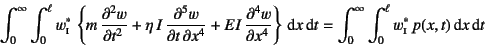 \begin{displaymath}
\int_0^\infty\int_0^\ell w^*\subsc{i} 
\left\{m \D[2]{w}{...
... t=\int_0^\infty\int_0^\ell w^*\subsc{i} p(x,t)\dint x\dint t
\end{displaymath}