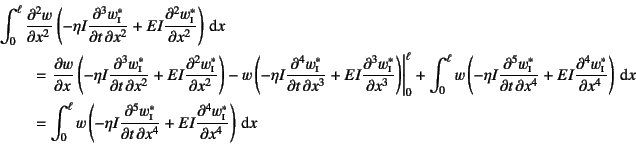 \begin{eqnarray*}
&& \int_0^\ell \D[2]{w}{x}\left(
-\eta I\D[3][2][x]{w^*\subsc...
...[4][x]{w^*\subsc{i}}{t}
+EI\D[4]{w^*\subsc{i}}{x}\right)\dint x
\end{eqnarray*}