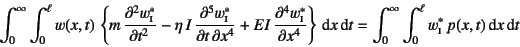 \begin{displaymath}
\int_0^\infty\int_0^\ell w(x,t) 
\left\{m \D[2]{w^*\subsc...
... t=\int_0^\infty\int_0^\ell w^*\subsc{i} p(x,t)\dint x\dint t
\end{displaymath}