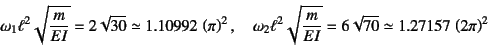 \begin{displaymath}
\omega_1\ell^2\sqrt{\dfrac{m}{EI}}=
2\sqrt{30}\simeq 1.1099...
...\dfrac{m}{EI}}=6\sqrt{70}
\simeq 1.27157 \left(2\pi\right)^2
\end{displaymath}