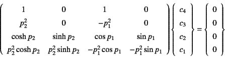 \begin{displaymath}
\left(\begin{array}{cccc}
1 & 0 & 1 & 0 \\
p_2^2 & 0 & -p...
...
\left\{\begin{array}{c}
0  0  0  0
\end{array}\right\}
\end{displaymath}