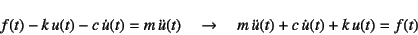 \begin{displaymath}
f(t)-k u(t)-c \dot{u}(t)=m \ddot{u}(t) \quad\to\quad
m \ddot{u}(t)+c \dot{u}(t)+k u(t)=f(t)
\end{displaymath}