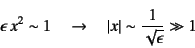 \begin{displaymath}
\epsilon x^2\sim 1 \quad\to\quad
\left\vert x\right\vert \sim \dfrac{1}{\sqrt{\epsilon}}\gg 1
\end{displaymath}