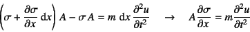 \begin{displaymath}
\left(\sigma+\D{\sigma}{x}\dint x\right) A-\sigma A=m \dint x \D[2]{u}{t}
\quad\to\quad
A\D{\sigma}{x}=m\D[2]{u}{t}
\end{displaymath}