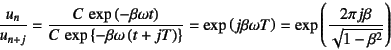 \begin{displaymath}
\dfrac{u_n}{u_{n+j}}=
\dfrac{C \exp\left(-\beta\omega t\rig...
...right)
=\exp\left(\dfrac{2\pi j\beta}{\sqrt{1-\beta^2}}\right)
\end{displaymath}