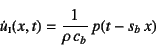 \begin{displaymath}
\dot{u}\subsc{i}(x,t)=\dfrac{1}{\rho c_b} p(t-s_b x)
\end{displaymath}