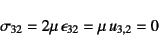 \begin{displaymath}
\sigma_{32}=2\mu \epsilon_{32}=\mu u_{3,2}=0
\end{displaymath}