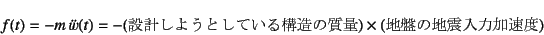 \begin{displaymath}
f(t)=-m \ddot{w}(t)
=-\mbox{(݌v悤ƂĂ\̎)}\times
\mbox{(nՂ̒nk͉x)}
\end{displaymath}