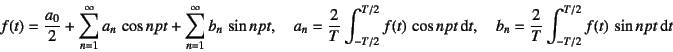 \begin{displaymath}
f(t)=\dfrac{a_0}{2}+\sum_{n=1}^\infty a_n \cos npt
+\sum_{...
...\dfrac{2}{T}\int_{-T/2}^{T/2}
f(t) \sin npt\dint t \nonumber
\end{displaymath}