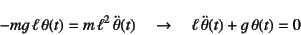 \begin{displaymath}
-mg \ell \theta(t)=m \ell^2 \ddot{\theta}(t) \quad\to\quad
\ell \ddot{\theta}(t)+g \theta(t)=0\end{displaymath}