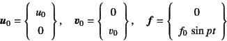 \begin{displaymath}
\fat{u}_0=\left\{\begin{array}{c} u_0  0 \end{array}\right...
...=\left\{\begin{array}{c} 0  f_0 \sin pt \end{array}\right\}
\end{displaymath}