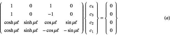 \begin{displaymath}
\left(\begin{array}{cccc}
1 & 0 & 1 & 0 \\
1 & 0 & -1 & 0...
...gin{array}{c}
0  0  0  0
\end{array}\right\}
\eqno{(a)}
\end{displaymath}