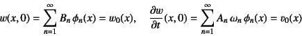 \begin{displaymath}
w(x,0)=\sum_{n=1}^\infty B_n \phi_n(x)=w_0(x), \quad
\D{w}{t}(x,0)=\sum_{n=1}^\infty A_n \omega_n \phi_n(x)=v_0(x)
\end{displaymath}