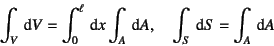 \begin{displaymath}
\int_V \dint V=\int_0^\ell\dint x\int_A \dint A, \quad
\int_S\dint S=\int_A \dint A
\end{displaymath}