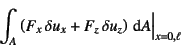 \begin{displaymath}
\int_A\left(F_x \delta u_x+F_z \delta u_z\right)\dint A\Bigr\vert _{x=0,\ell}
\end{displaymath}