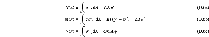 \begin{manyeqns}
N(x) & \equiv & \int_A \sigma_{xx} \dint A = EA u' \\
M(x) & ...
...a_{xz} \dint A =
Gk\subsc{t}A \gamma
\index{=kt@$k\subsc{t}$}%
\end{manyeqns}